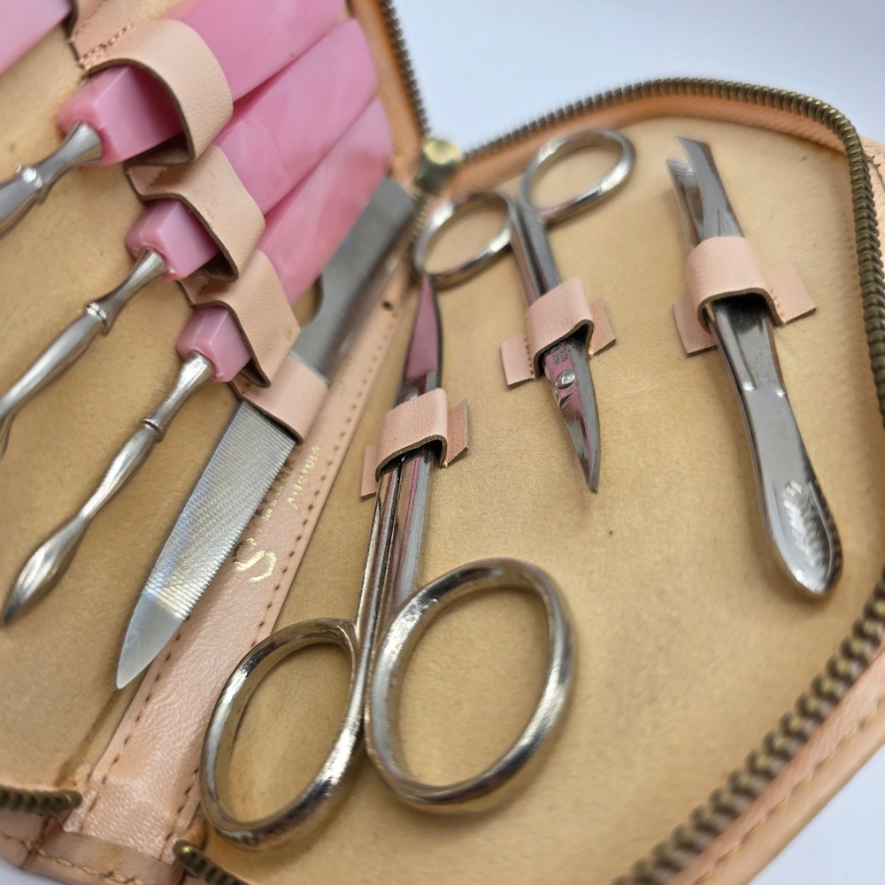 Vintage Stellar Deluxe Austria Manicure Set Pink Marbled Tools Leather Case - Picture 3 of 6